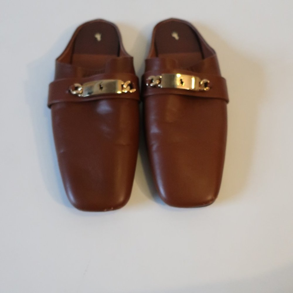 Polo by Ralph Lauren Brown Leather Slip-On Loafers with Gold Hardware